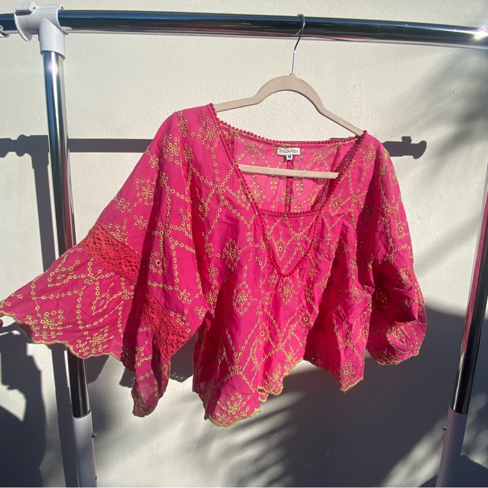 Moda Posa 100% Cotton Pink & Green Eyelet  Lace Crochet Boho Blouse Size Medium